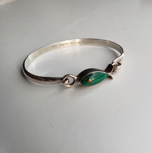 Vintage Mexican 925 silver bracelet bangle TR-09 with malachite fish